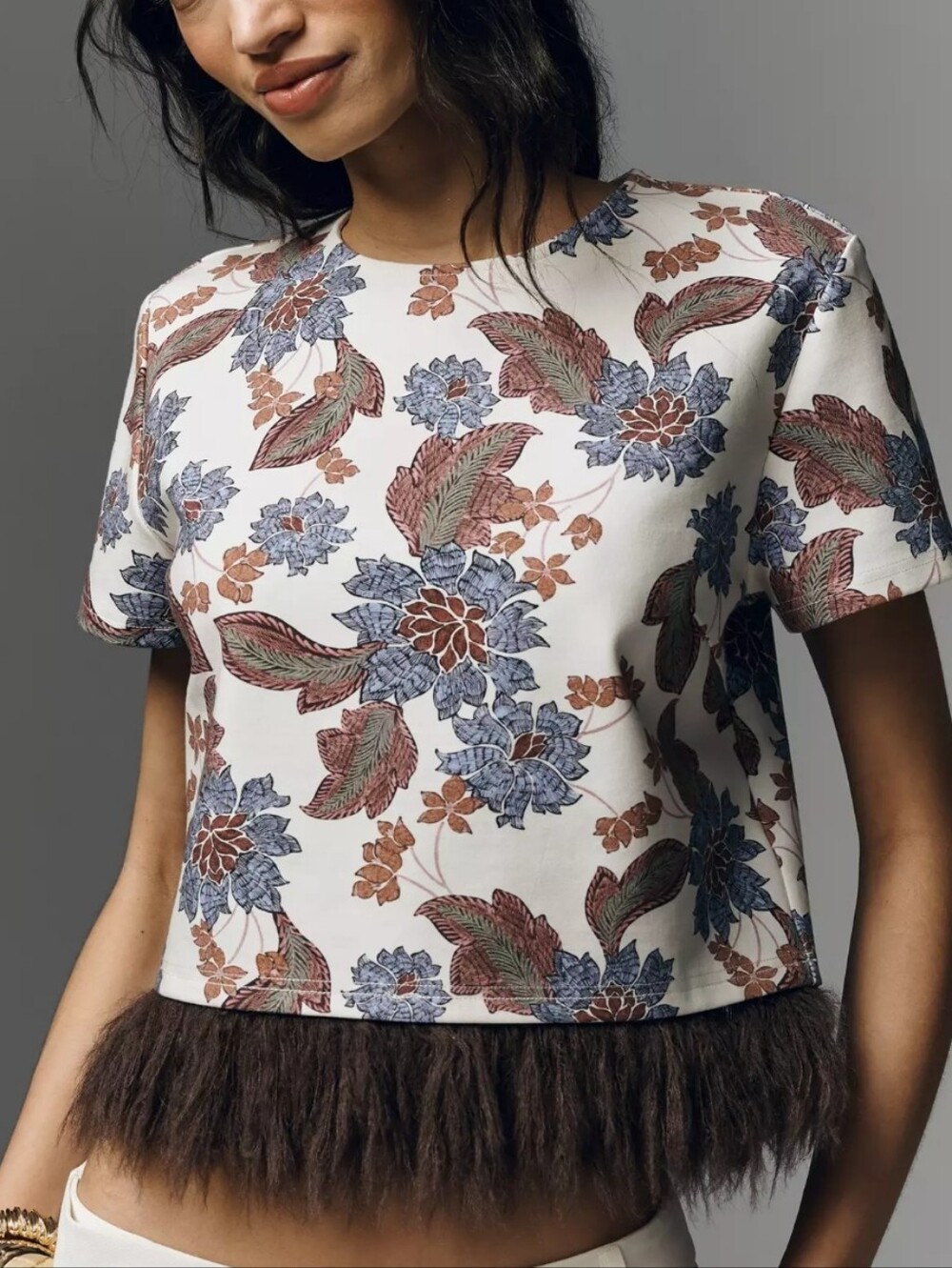 Dollcake White Floral Crewneck Crop Top with Brown Feather Hem